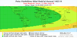 HilalMap: Peta Visibilitas Hilal Rabiul-Awwal 1423 H: rukyat tanggal 2002-5-13 M
