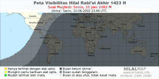 HilalMap: Peta Visibilitas Hilal Rabiul-Akhir 1423 H: rukyat tanggal 2002-6-10 M