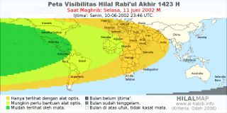 HilalMap: Peta Visibilitas Hilal Rabiul-Akhir 1423 H: rukyat tanggal 2002-6-11 M