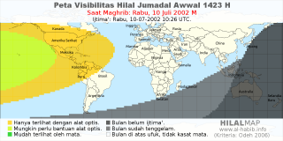 HilalMap: Peta Visibilitas Hilal Jumadal-Awwal 1423 H: rukyat tanggal 2002-7-10 M