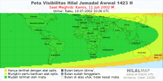 HilalMap: Peta Visibilitas Hilal Jumadal-Awwal 1423 H: rukyat tanggal 2002-7-11 M