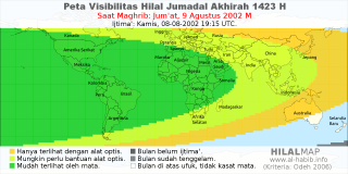 HilalMap: Peta Visibilitas Hilal Jumadal-Akhirah 1423 H: rukyat tanggal 2002-8-9 M