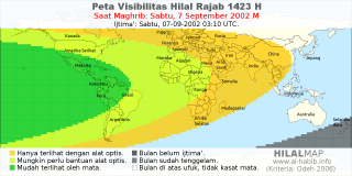 HilalMap: Peta Visibilitas Hilal Rajab 1423 H: rukyat tanggal 2002-9-7 M