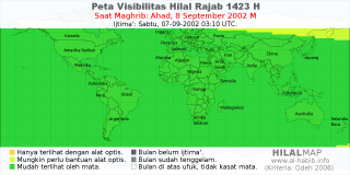 HilalMap: Peta Visibilitas Hilal Rajab 1423 H: rukyat tanggal 2002-9-8 M