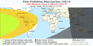 HilalMap: Peta Visibilitas Hilal Syaban 1423 H: rukyat tanggal 2002-10-6 M