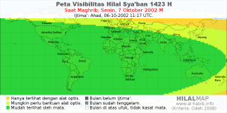 HilalMap: Peta Visibilitas Hilal Syaban 1423 H: rukyat tanggal 2002-10-7 M