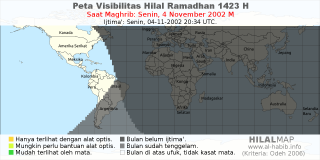 HilalMap: Peta Visibilitas Hilal Ramadhan 1423 H: rukyat tanggal 2002-11-4 M