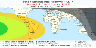 HilalMap: Peta Visibilitas Hilal Syawwal 1423 H: rukyat tanggal 2002-12-4 M
