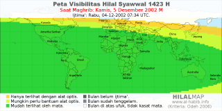 HilalMap: Peta Visibilitas Hilal Syawwal 1423 H: rukyat tanggal 2002-12-5 M