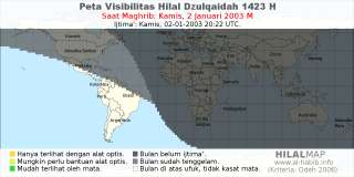 HilalMap: Peta Visibilitas Hilal Dzulqaidah 1423 H: rukyat tanggal 2003-1-2 M