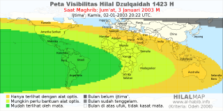 HilalMap: Peta Visibilitas Hilal Dzulqaidah 1423 H: rukyat tanggal 2003-1-3 M