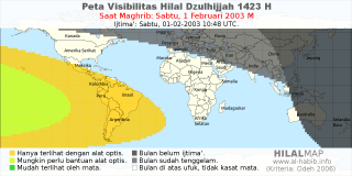 HilalMap: Peta Visibilitas Hilal Dzulhijjah 1423 H: rukyat tanggal 2003-2-1 M