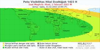 HilalMap: Peta Visibilitas Hilal Dzulhijjah 1423 H: rukyat tanggal 2003-2-2 M