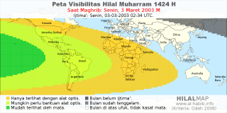 HilalMap: Peta Visibilitas Hilal Muharram 1424 H: rukyat tanggal 2003-3-3 M