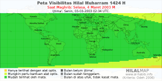 HilalMap: Peta Visibilitas Hilal Muharram 1424 H: rukyat tanggal 2003-3-4 M