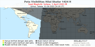 HilalMap: Peta Visibilitas Hilal Shafar 1424 H: rukyat tanggal 2003-4-1 M