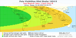 HilalMap: Peta Visibilitas Hilal Shafar 1424 H: rukyat tanggal 2003-4-2 M