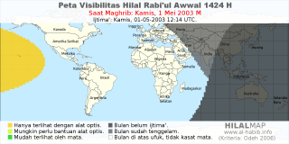 HilalMap: Peta Visibilitas Hilal Rabiul-Awwal 1424 H: rukyat tanggal 2003-5-1 M