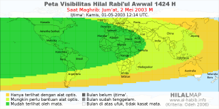 HilalMap: Peta Visibilitas Hilal Rabiul-Awwal 1424 H: rukyat tanggal 2003-5-2 M