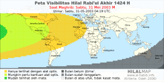HilalMap: Peta Visibilitas Hilal Rabiul-Akhir 1424 H: rukyat tanggal 2003-5-31 M