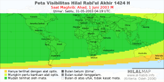 HilalMap: Peta Visibilitas Hilal Rabiul-Akhir 1424 H: rukyat tanggal 2003-6-1 M
