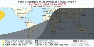 HilalMap: Peta Visibilitas Hilal Jumadal-Awwal 1424 H: rukyat tanggal 2003-6-29 M