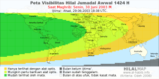 HilalMap: Peta Visibilitas Hilal Jumadal-Awwal 1424 H: rukyat tanggal 2003-6-30 M