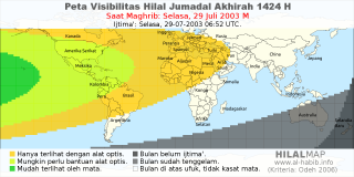 HilalMap: Peta Visibilitas Hilal Jumadal-Akhirah 1424 H: rukyat tanggal 2003-7-29 M