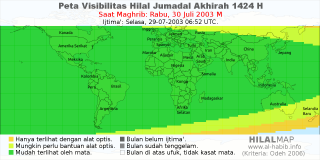 HilalMap: Peta Visibilitas Hilal Jumadal-Akhirah 1424 H: rukyat tanggal 2003-7-30 M