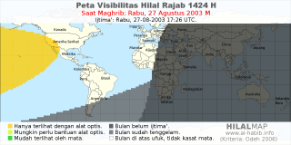HilalMap: Peta Visibilitas Hilal Rajab 1424 H: rukyat tanggal 2003-8-27 M