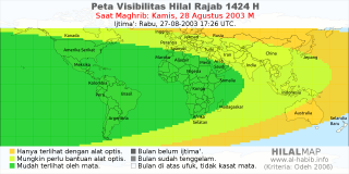 HilalMap: Peta Visibilitas Hilal Rajab 1424 H: rukyat tanggal 2003-8-28 M