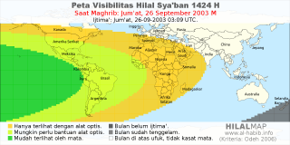 HilalMap: Peta Visibilitas Hilal Syaban 1424 H: rukyat tanggal 2003-9-26 M