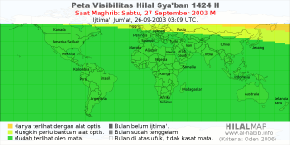 HilalMap: Peta Visibilitas Hilal Syaban 1424 H: rukyat tanggal 2003-9-27 M