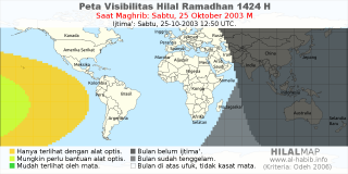 HilalMap: Peta Visibilitas Hilal Ramadhan 1424 H: rukyat tanggal 2003-10-25 M