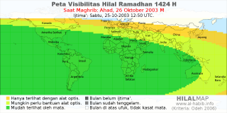 HilalMap: Peta Visibilitas Hilal Ramadhan 1424 H: rukyat tanggal 2003-10-26 M
