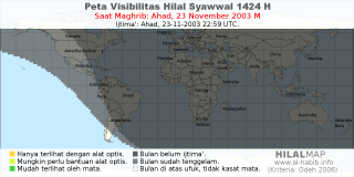 HilalMap: Peta Visibilitas Hilal Syawwal 1424 H: rukyat tanggal 2003-11-23 M