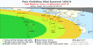 HilalMap: Peta Visibilitas Hilal Syawwal 1424 H: rukyat tanggal 2003-11-24 M