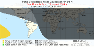 HilalMap: Peta Visibilitas Hilal Dzulhijjah 1424 H: rukyat tanggal 2004-1-21 M