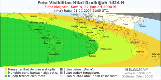 HilalMap: Peta Visibilitas Hilal Dzulhijjah 1424 H: rukyat tanggal 2004-1-22 M