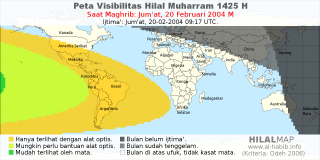 HilalMap: Peta Visibilitas Hilal Muharram 1425 H: rukyat tanggal 2004-2-20 M