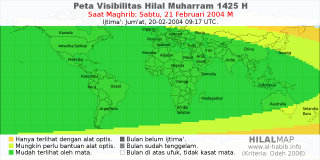 HilalMap: Peta Visibilitas Hilal Muharram 1425 H: rukyat tanggal 2004-2-21 M