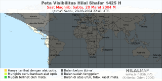 HilalMap: Peta Visibilitas Hilal Shafar 1425 H: rukyat tanggal 2004-3-20 M