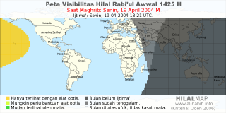 HilalMap: Peta Visibilitas Hilal Rabiul-Awwal 1425 H: rukyat tanggal 2004-4-19 M