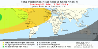 HilalMap: Peta Visibilitas Hilal Rabiul-Akhir 1425 H: rukyat tanggal 2004-5-19 M