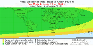 HilalMap: Peta Visibilitas Hilal Rabiul-Akhir 1425 H: rukyat tanggal 2004-5-20 M