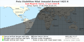 HilalMap: Peta Visibilitas Hilal Jumadal-Awwal 1425 H: rukyat tanggal 2004-6-17 M