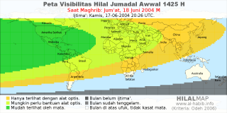 HilalMap: Peta Visibilitas Hilal Jumadal-Awwal 1425 H: rukyat tanggal 2004-6-18 M