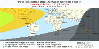 HilalMap: Peta Visibilitas Hilal Jumadal-Akhirah 1425 H: rukyat tanggal 2004-7-17 M