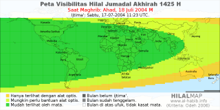 HilalMap: Peta Visibilitas Hilal Jumadal-Akhirah 1425 H: rukyat tanggal 2004-7-18 M