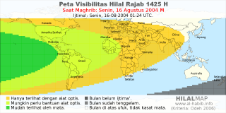 HilalMap: Peta Visibilitas Hilal Rajab 1425 H: rukyat tanggal 2004-8-16 M